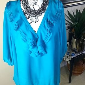 Lane Bryant Turquoise Teal Blue Ruffle V-neck Sheer Women's Top Size 18 20